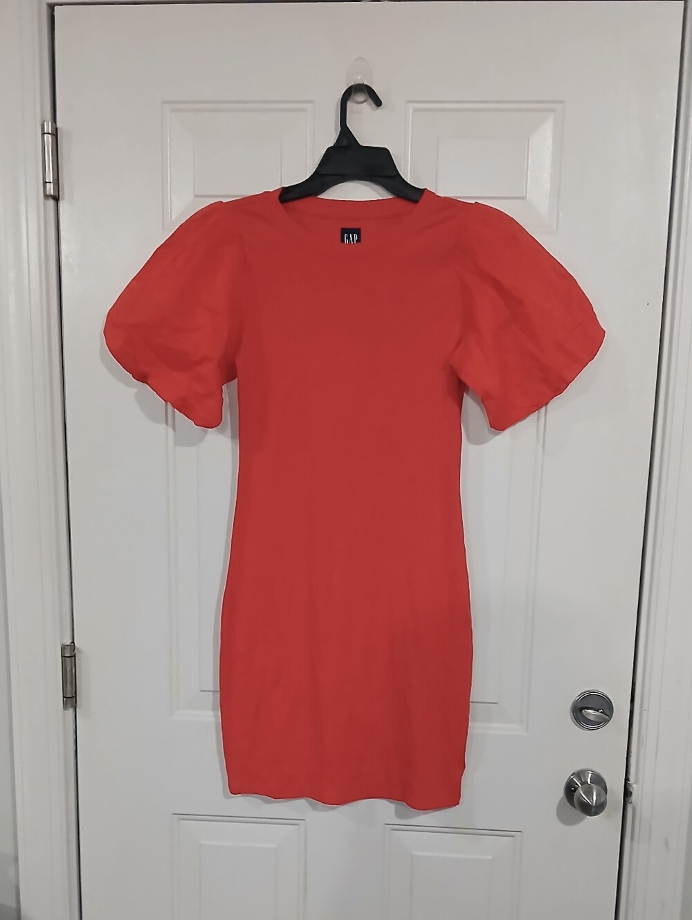 GAP Short Puff-Sleeve Mini Dress in Coral
